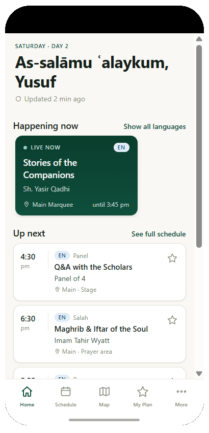 Ijtima app showing live schedule and programme